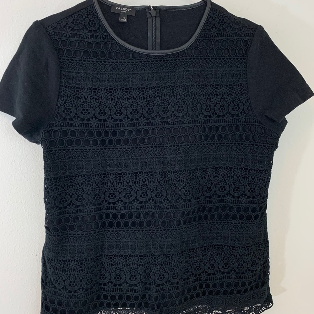 Talbots top, black lace, faux leather neckline